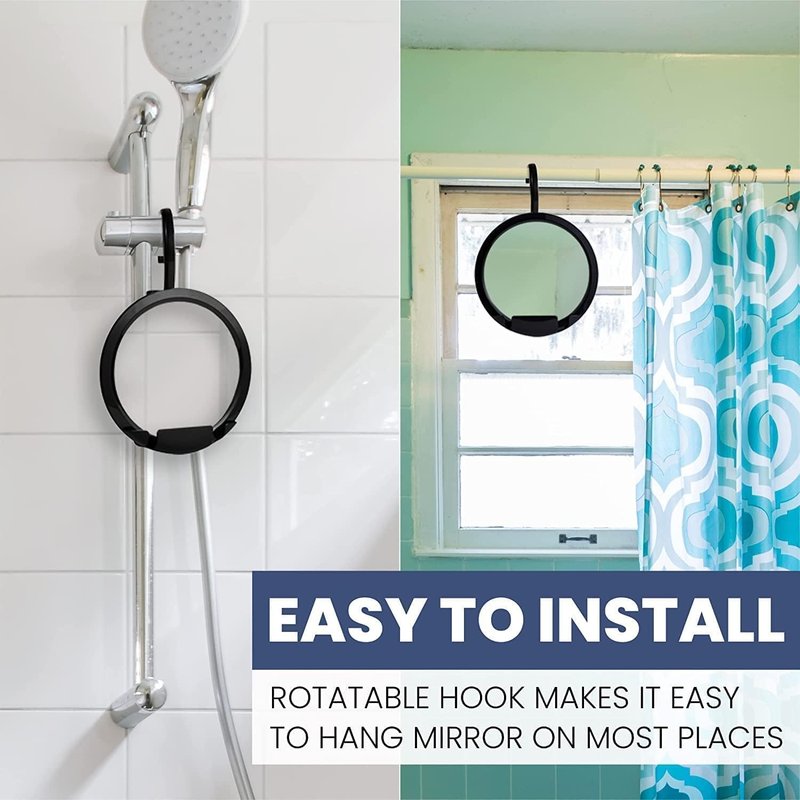 MIRRORVANA Dual Anti Fog Shower Mirror for Shaving with Hook for Hanging and Fogless Shatterproof Surface - Fill Back Chamber/Reservoir with Hot Water for Fog Free Shave (8" Diameter, Black)