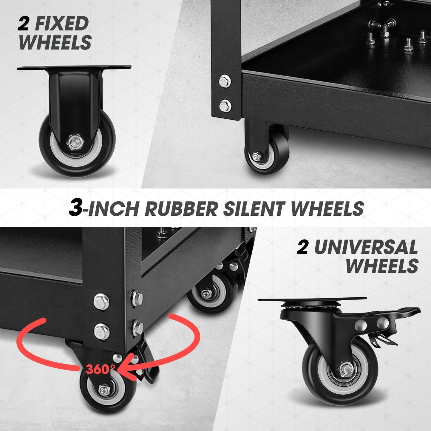 DNA MOTORING 3 Tier Rolling Tool Cart, Heavy Duty Rolling Service Tool Cart with 3 Tires, Metal Service Cart for Warehouse, Garage, Office, Workshop, TOOLS-00796-BK