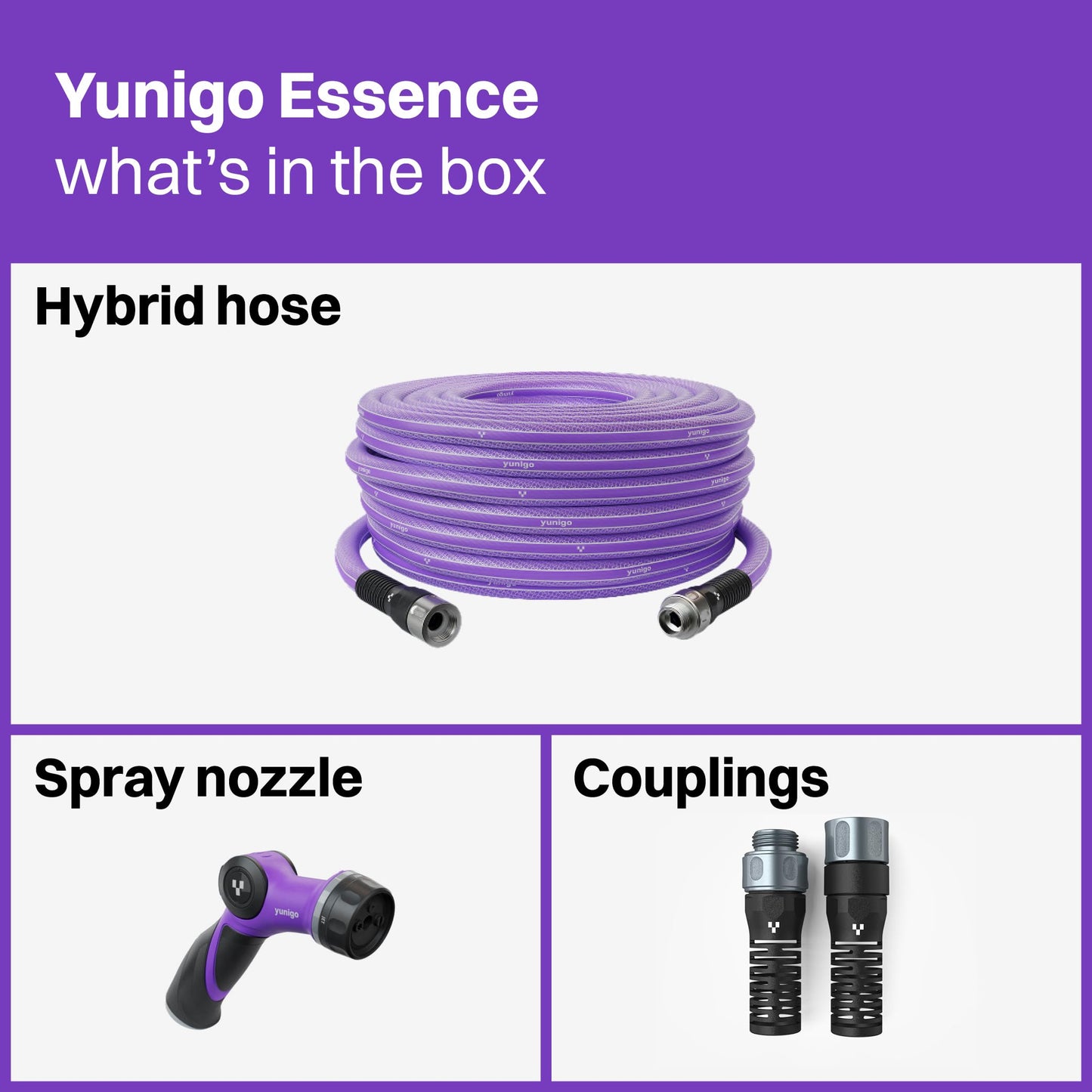 YUNIGO ESSENCE 5/8" 75ft Hybrid Purple Garden Hose – No-Kink Abrasion-Resistant with Durable Aluminum Fittings & Spray Nozzle, Ideal for Intensive Home & Garden Watering