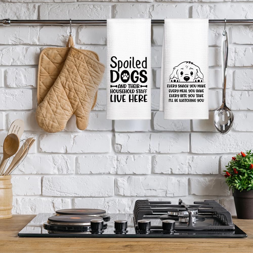 WUUCK00 2pcs Spoiled Dogs Live Here Funny Kitchen Towel, Cute Dog Mom Kitchen Decor Dish Tea Hand Towel, Housewarming Gifts for Pet Lover Dog Owners, Christmas New Puppy Gifts for Family Friend