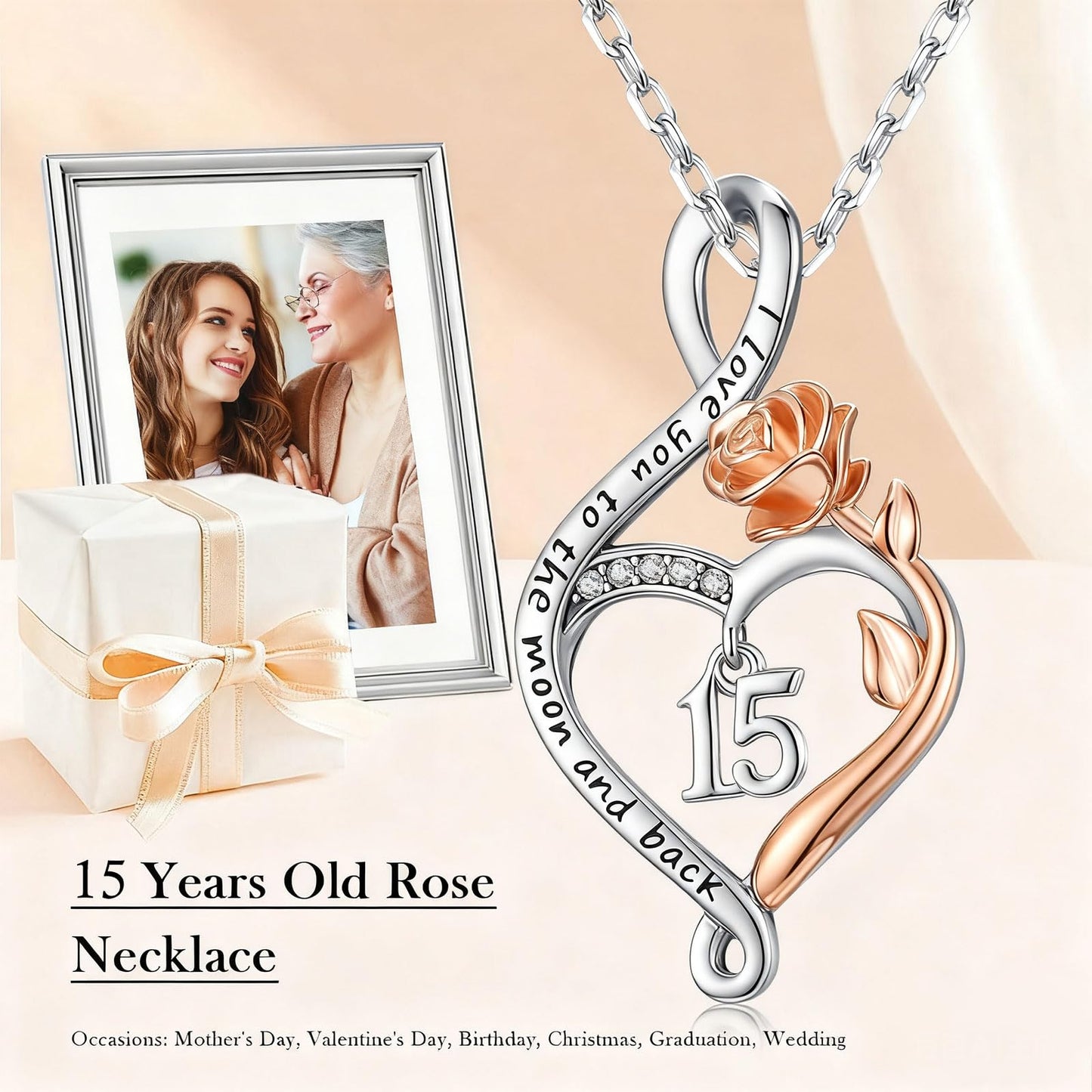 KoyeKei 15th Birthday Quinceanera Gifts for Daughter 15 Year Old Necklace 925 Sterling Silver Rose Flower Heart Infinity Pendant Jewelry Birthday Gift for Women Granddaughter