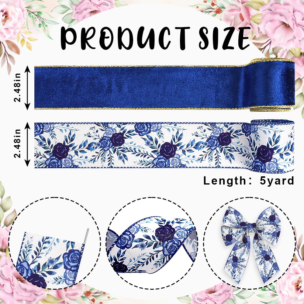 2 Rolls Spring Flowers Ribbons for Wreath Bows, 2.5"×10 Yards Blue Velvet Wired Edge Ribbons White Burlap Blue Rose Craft Ribbons for Crafting Spring Wedding Decorations Supplies