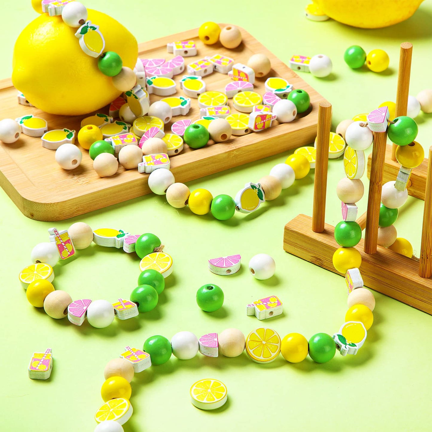 Chunful 160 Pcs Lemon Wooden Beads Bulk 16 mm Yellow and Green Lemon Shaped Beads Summer Fruit Natural Round Beads Lemonade Spacer Wood Beads with Rope for Making DIY Crafts Farmhouse Home Decor