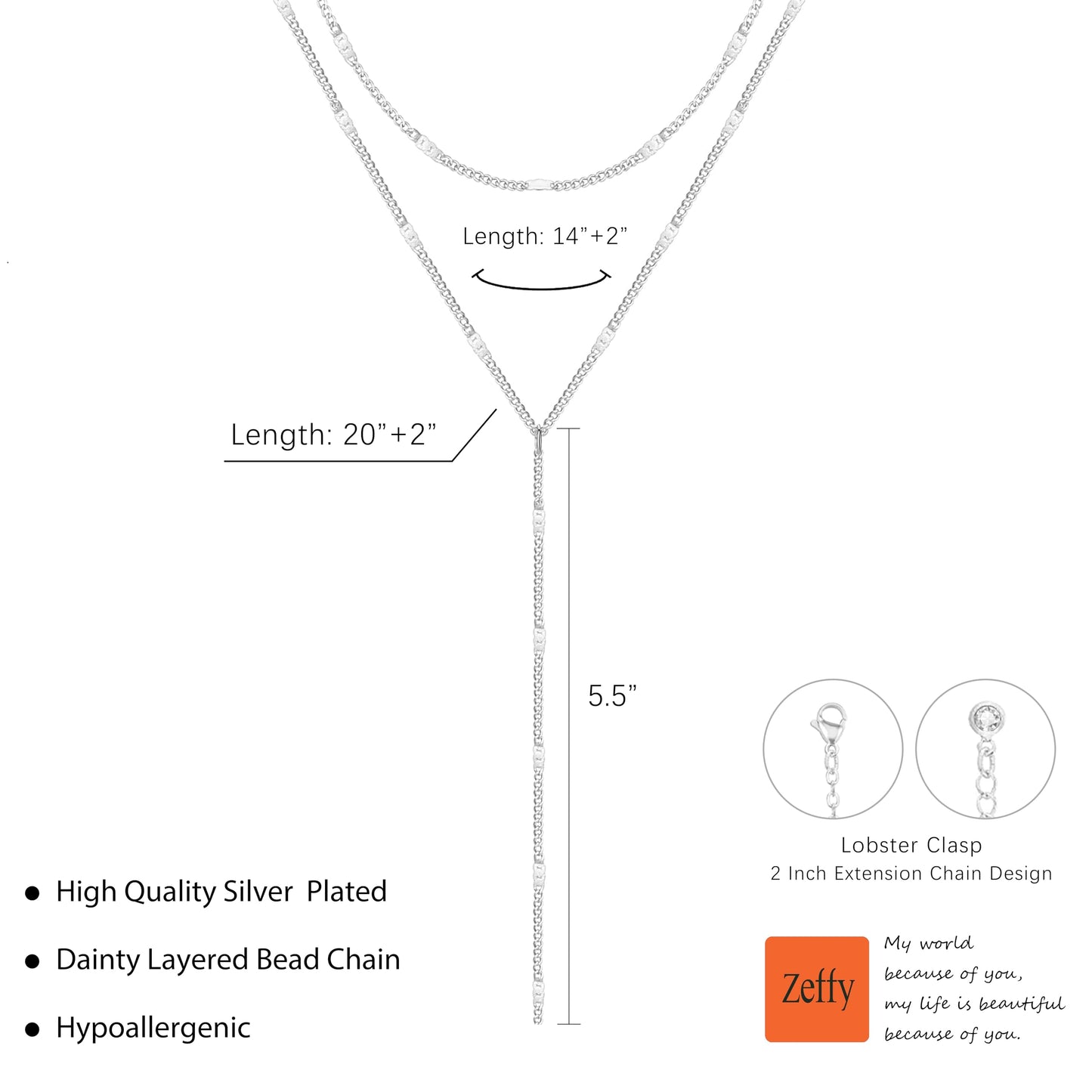 Zeffy Dainty Long Silver Necklaces for Women Trendy Lariat Y Necklace Layered Bar Drop Necklaces Simple Y-Shaped Chain Jewelry Gift