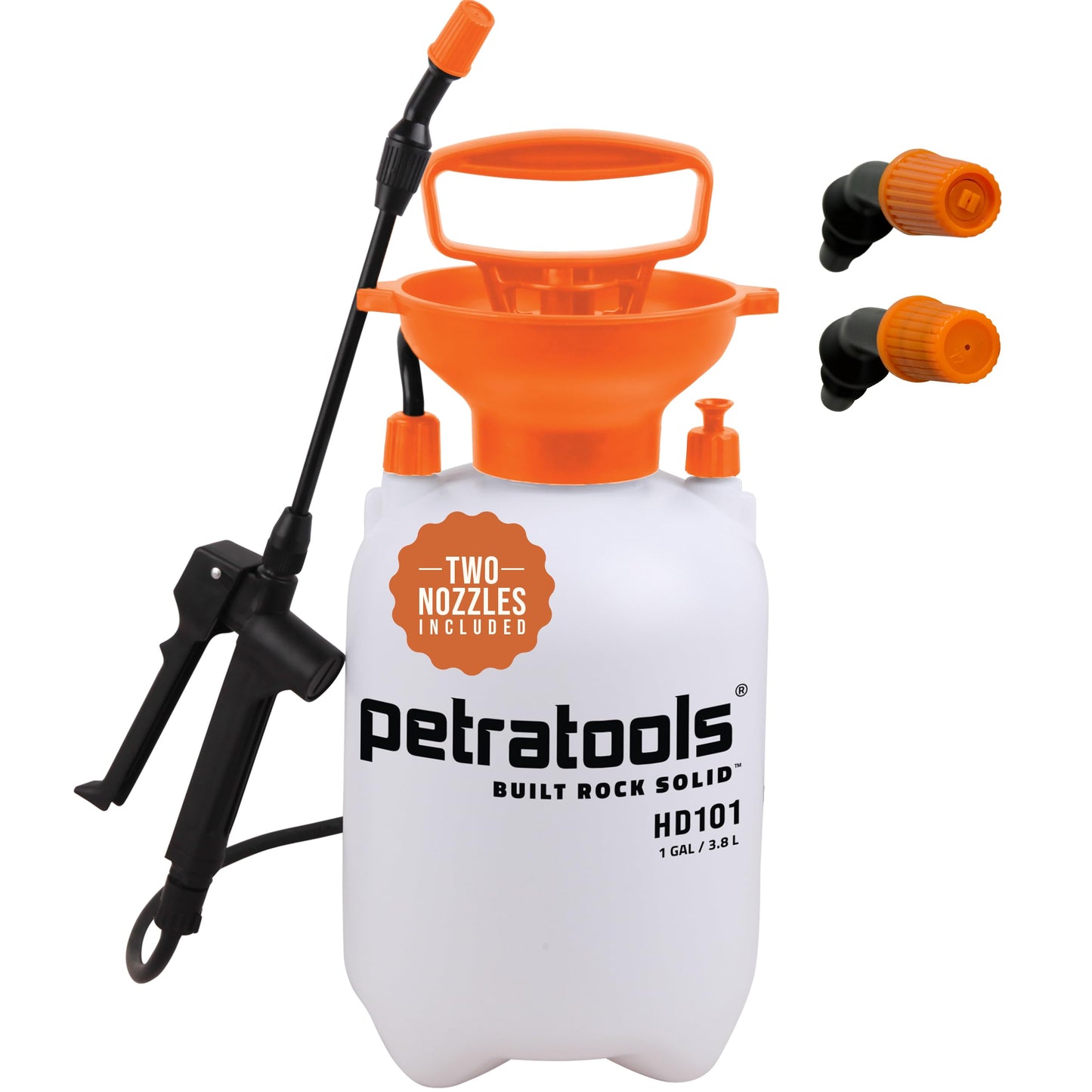 Petratools 1 Gallon Pump Sprayer â HD101 Garden Sprayer for Weeds, Lawn Care & Pesticides â 52â Long Hose, 2 Nozzles & Easy Carry Handle â Durable & Lightweight