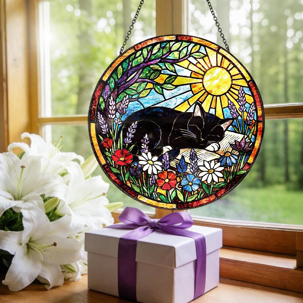 Riletese Stained Glass Window Hanging – Cat & Book Lover Gifts for Women Men, Sleeping Cat Suncatcher, Glass Ornament for Reading Room Home Garden Decor, Christmas Mother's Day Birthday Gifts, 8 Inch