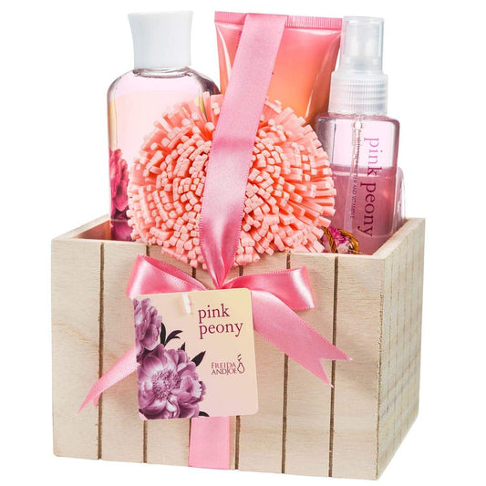 Pink Peony Bathroom Bath Set for Women, Complete Skincare Products in a Natural Wood Plant Box, Body Lotion, Shower Gel, Bubble Bath, Body Spray, Puff Gift – Mother's Day Gift for Mom