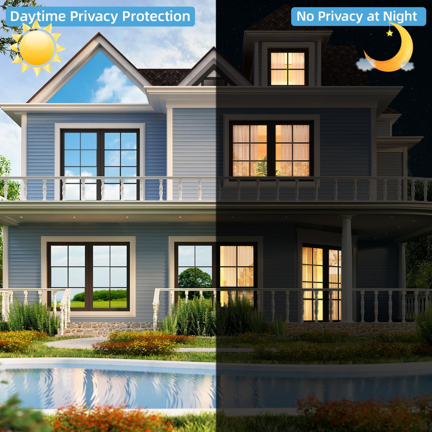 One Way Privacy Window Film Sun Blocking, Heat Blocking Window Tint for Home See Out But Not in, Static Cling & Anti UV, Black-Silver,35.4 Inch x 393.7 Inch