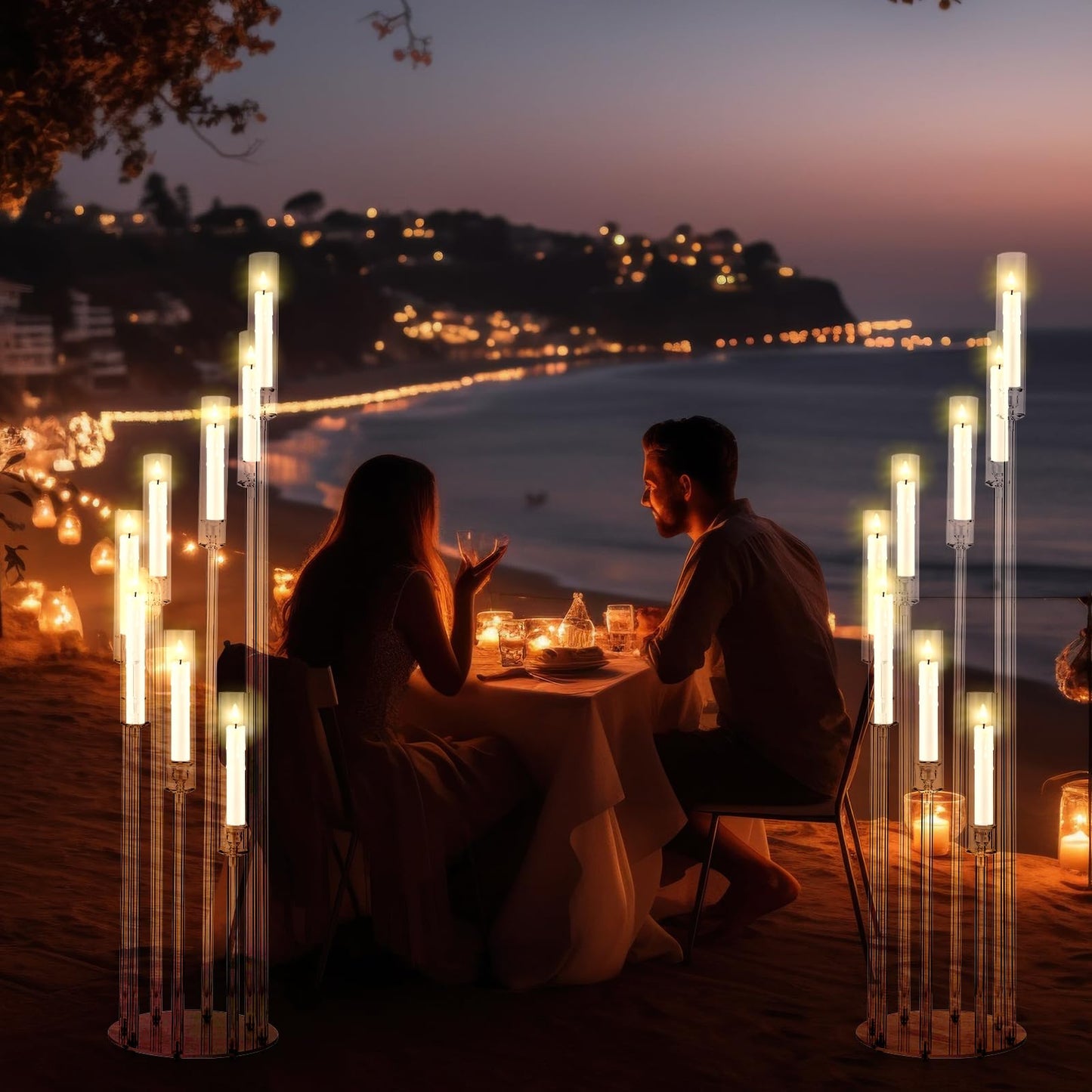 Vesici 2 Pcs 8 Arm Acrylic Candelabra Centerpieces for Tables 49.6 x 11 Inch Candlesticks Holder Clear Acrylic Candle Holder for Wedding Ceremony Floor Home Dinner Party, Fit 0.8" LED Candle"