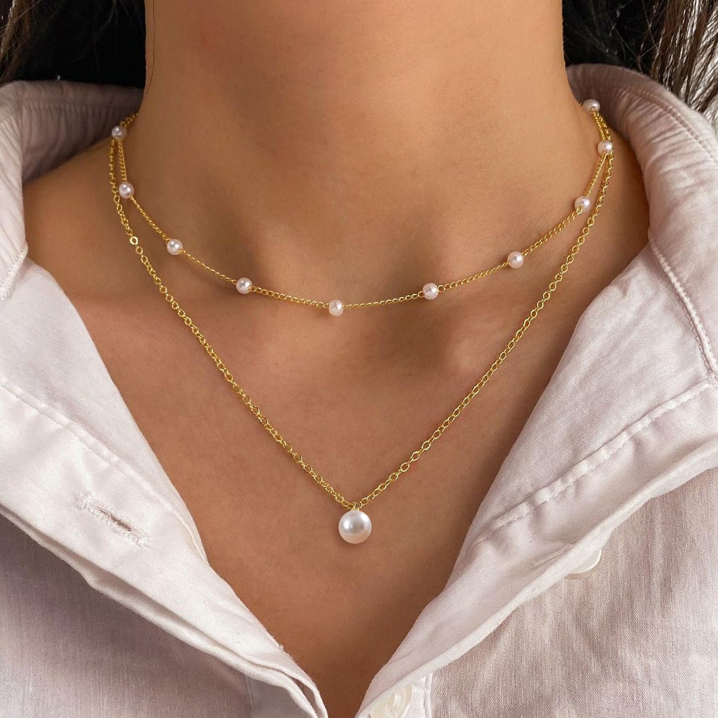 Zeffy Layered Gold Pearl Necklaces for Women 14K Gold Plated Dainty Layered Tiny Single Pearl Choker Trendy Cute Gold Necklace Stack Wedding Jewelry Sets for Women Bridesmaid Gifts 2PCS