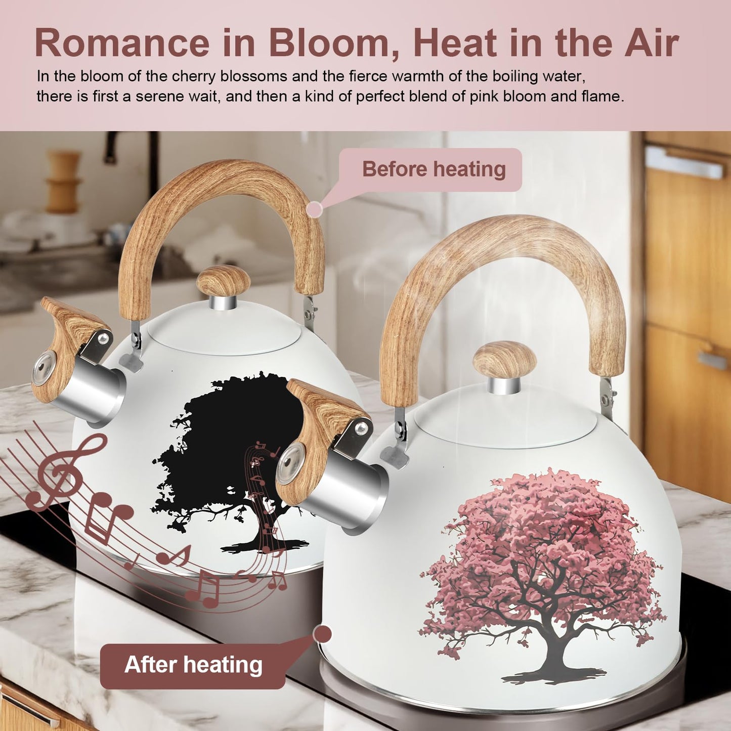 ARC Stainless Steel 2-Quart Whistling Milk White Tea Kettle with Magic Color Changing Design, Stovetop Teapot With Folding Cup & Trivet Mat