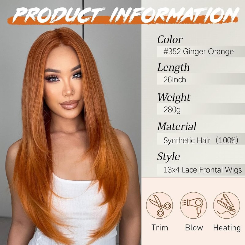 Worldnewhair Ginger Orange Lace Front Wig 13x4 HD Synthetic Wigs for Women Pre Plucked 26 Inch Long Straight Layered Wig for Daily