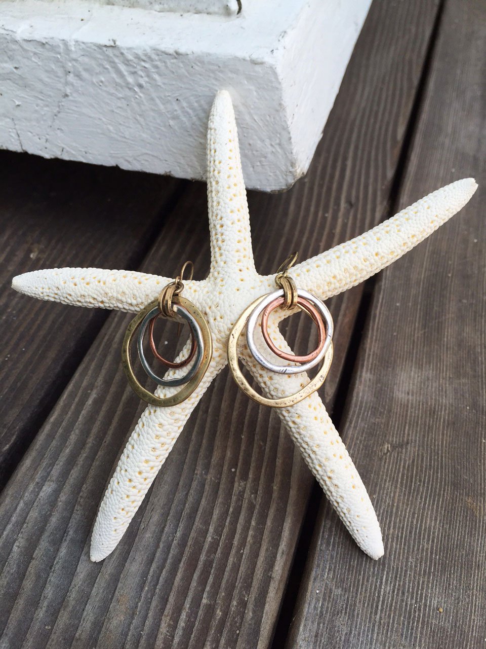 Handmade Sunrise Earrings – Cape Cod USA Award-Winning Artist Judith Stiles – Lightweight Mixed Metal Dangle Earrings – Hammered Brass, Copper & Silver Tone Circles – Coastal Beach Jewelry, Boho Style with a Yoga Heart – A Great Gift for Women