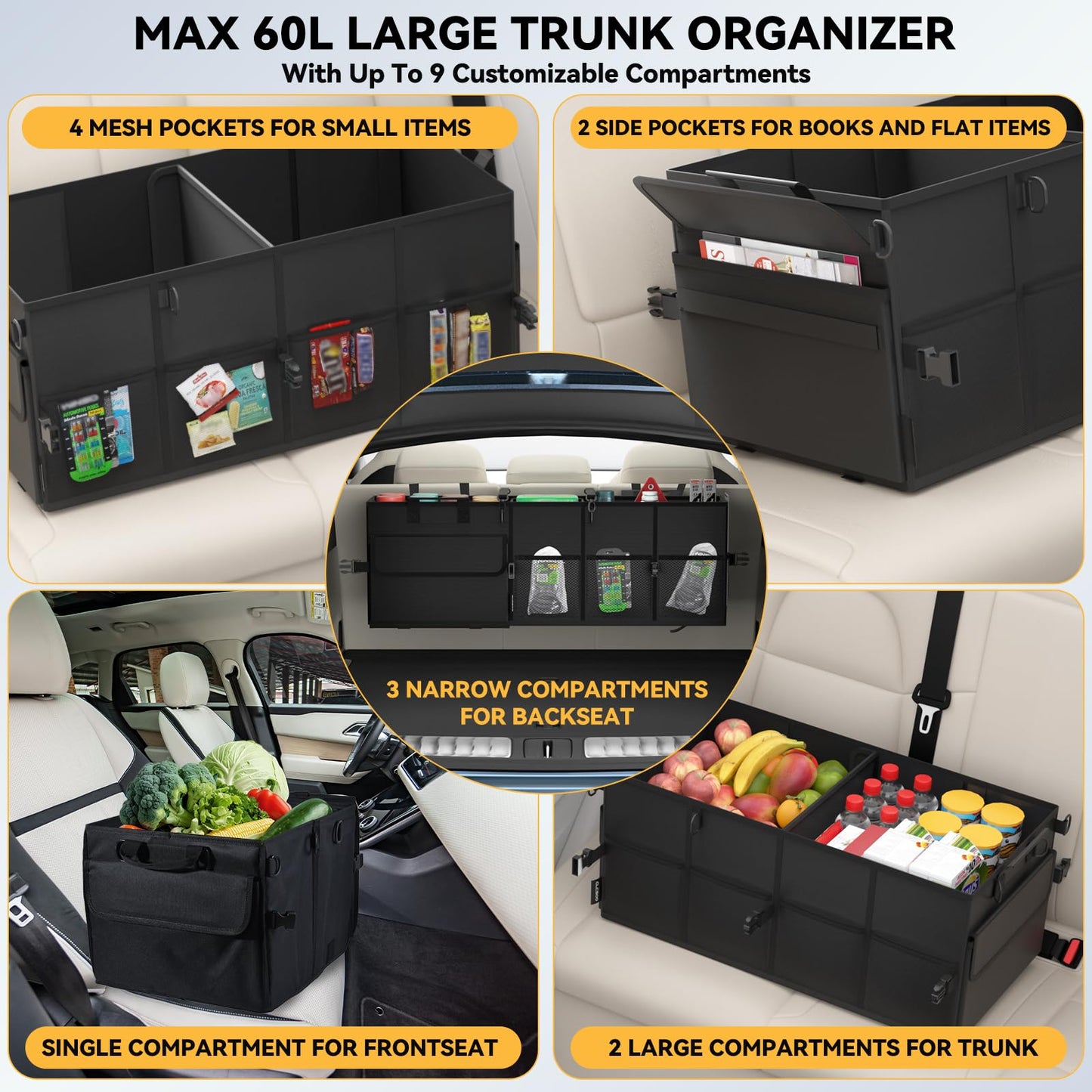 Car Trunk Organizer for SUV 60L Backseat Car Organizer Back Seat Large Storage Trunk Compartment Collapsible Car Caddy Heavy Duty Truck Storage Bin w/6 Pockets Adjustable Straps Cargo Van Jeep Sedan