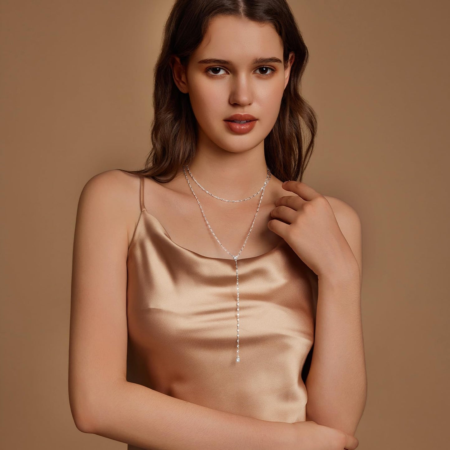 Airmb Lariat Silver Necklace for Women 925 Silver Plated Dainty Long Necklace Y-Shaped Drop Pendant Necklaces Choker Trendy Chain Simple Layered Necklaces CZ Jewelry for Women Set Gift