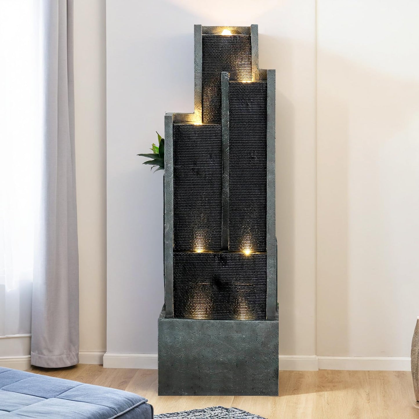 SunJet 5-Tier Modern Water Fountain, Indoor/Outdoor Resin Water Fountains with Soothing Water Sounds & Warm LED Light, Perfect for Garden, Patio, Home & Office, 16.9" L x 9.8" W x 50.7" H