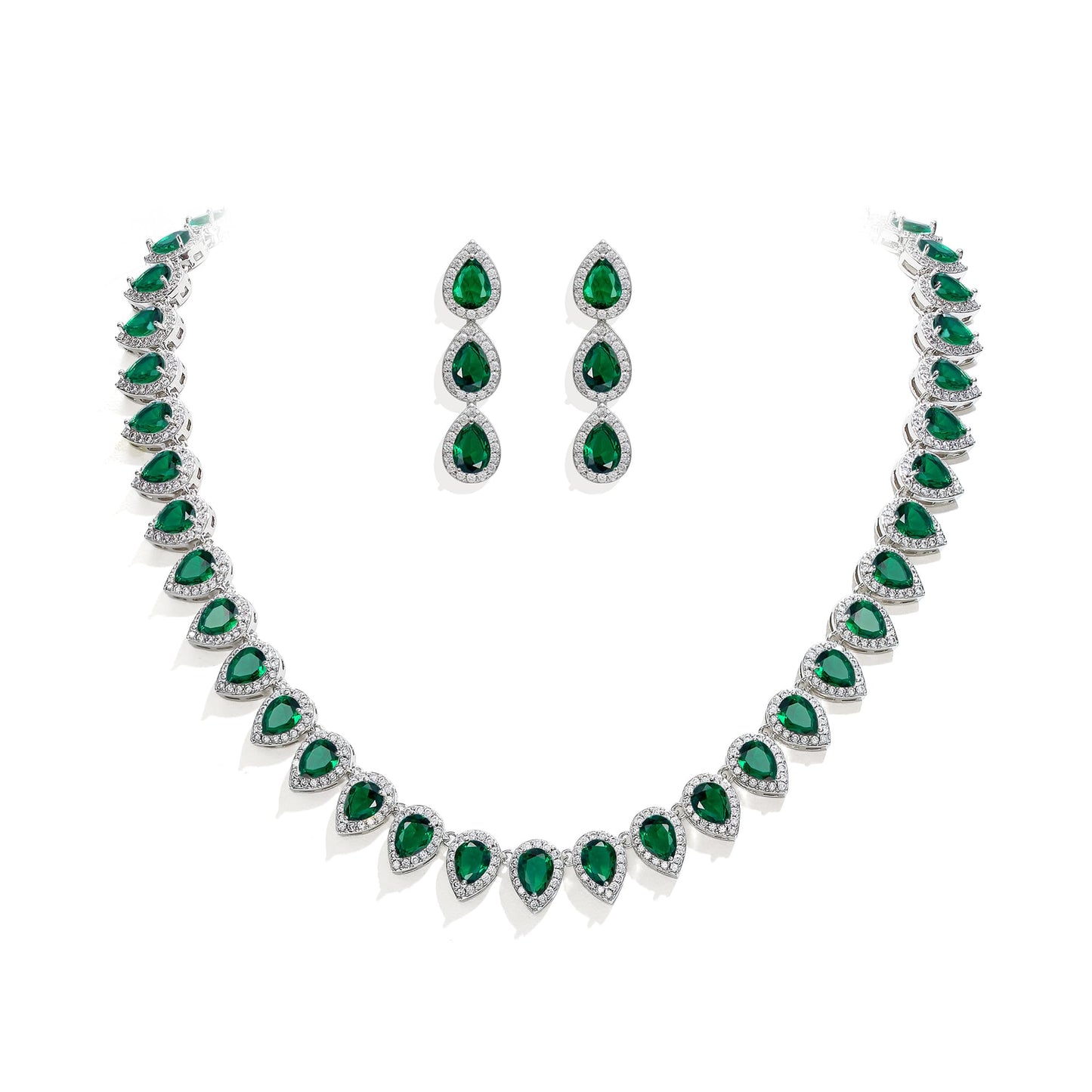 EleQueen Women's Wedding Bridal Full Prong Cubic Zirconia Teardrop Necklace Earrings Set for Brides Bridesmaids Emerald Color