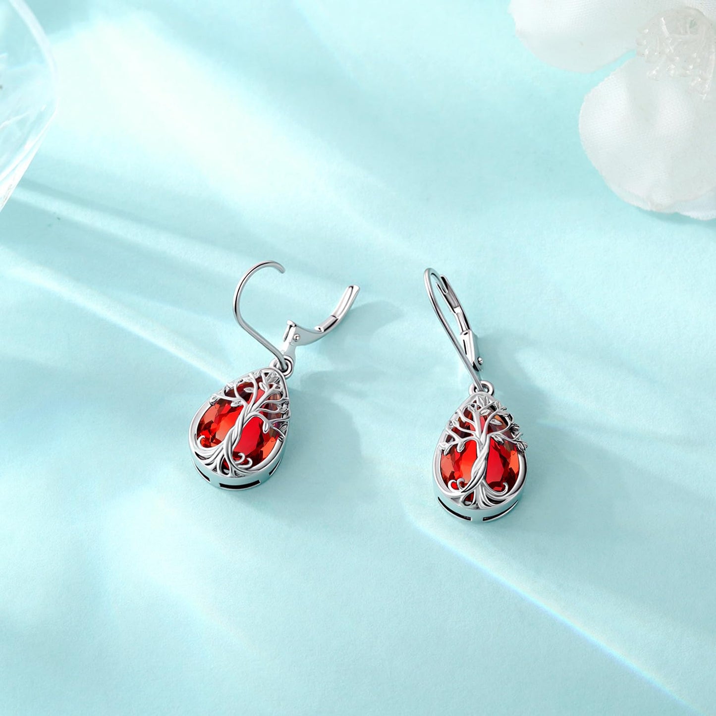 Eusense Tree of Life Earrings 925 Sterling Silver Garnet Birthstone Earrings Teardrop Dangle Leverback Earring for Women January Birthstone Jewelry