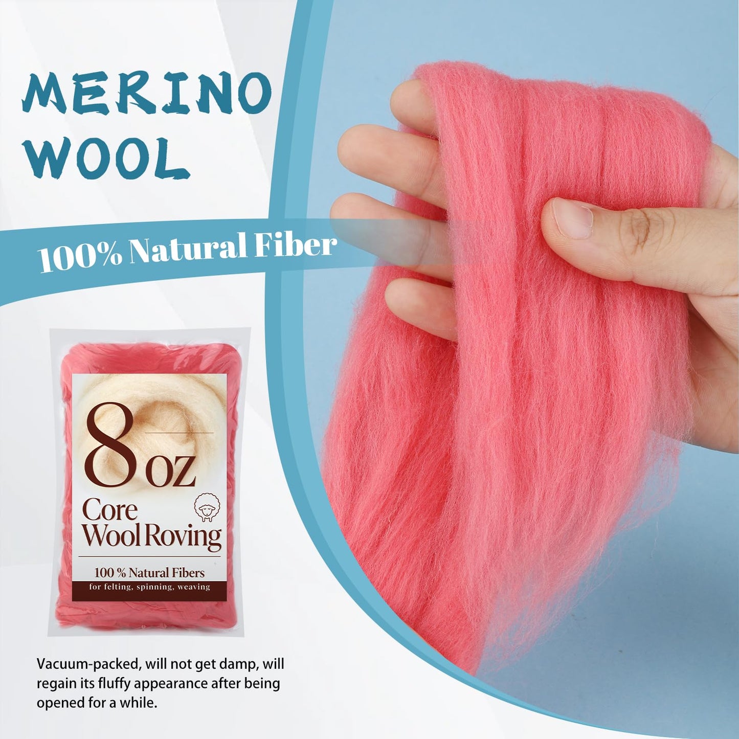 8 OZ Premium Merino Wool Roving, Soft Needle Felting Core Wool, Carded Felting Wool for Sculpting, Wool Dryer Balls & DIY Spinning, Ideal Felting Supplies for Beginners, Pink