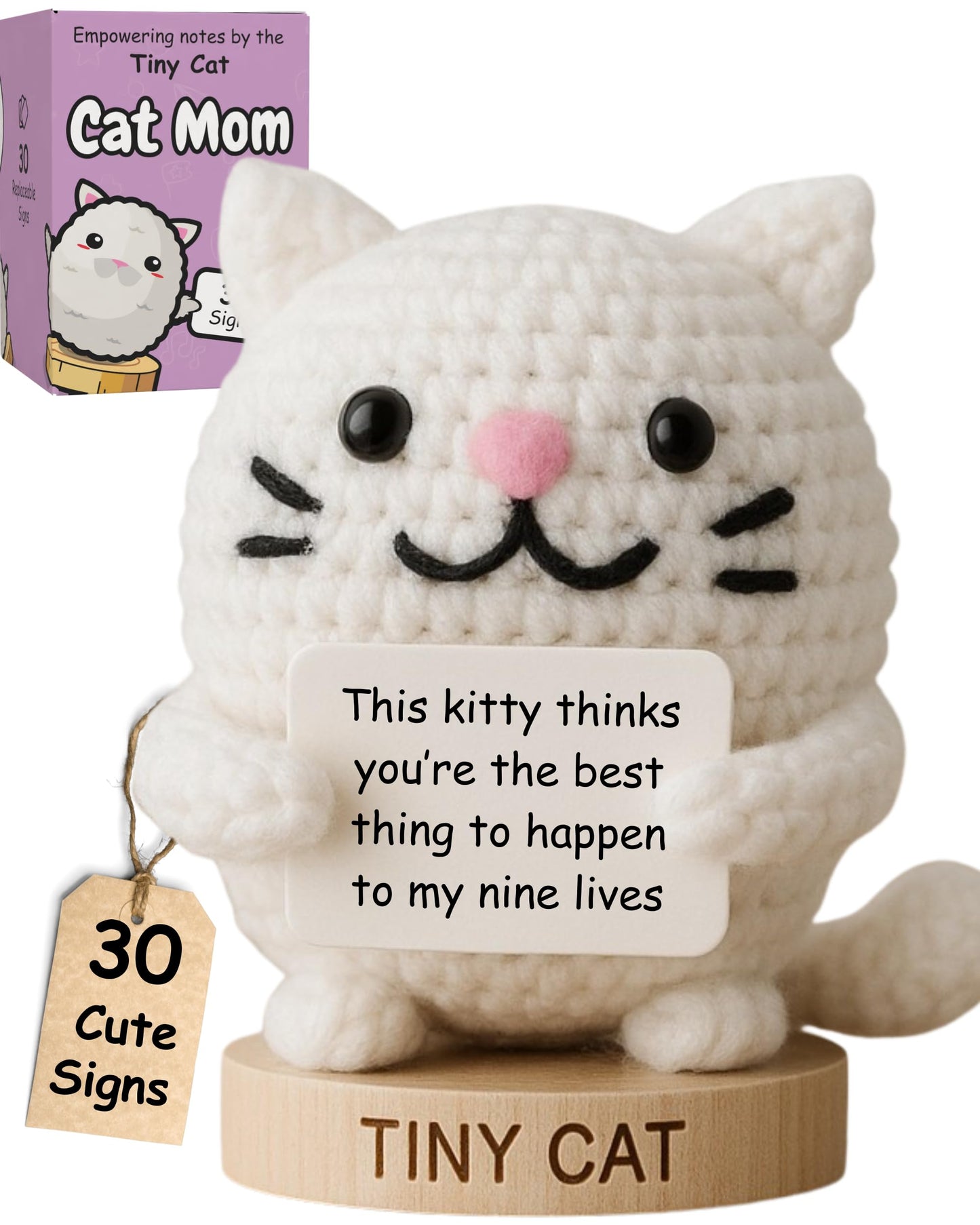 Cat Gifts for Women - Positive Crochet Animal with 30 Cute Signs | Cat Mom Gift for Women for Birthday, Mothers Day | Funny Fur Mama Present Ideas for Cats Lady | Present Idea for Friends, Coworkers