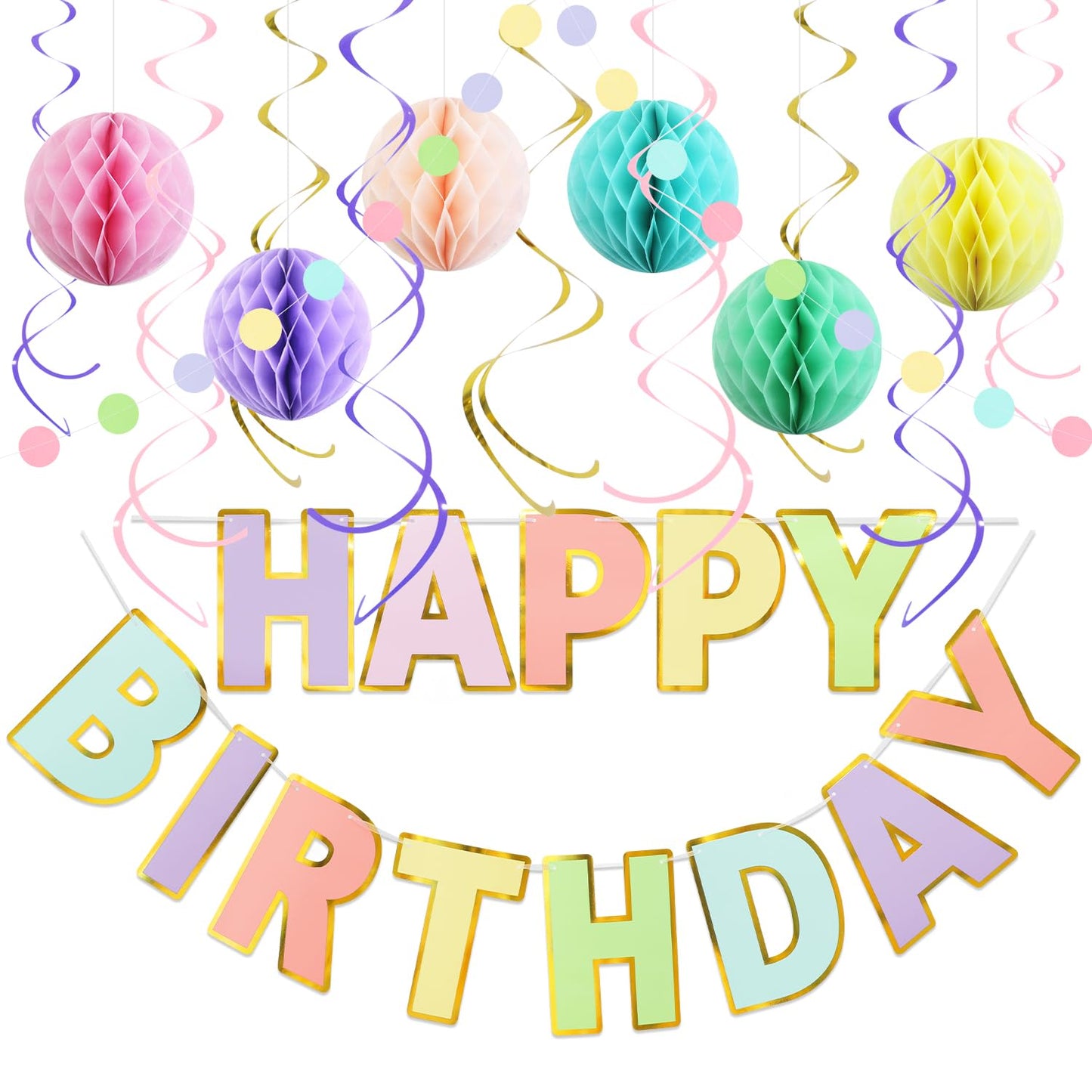 LITAUS Pastel Birthday Decorations Kit - 17-Piece Set with Pre-Strung Happy Birthday Banner, Honeycomb Balls, Garland & Swirls | Macaron Theme Party Supplies for Women Girls Kids, Teens Adults