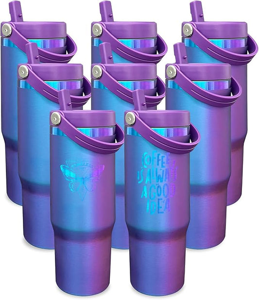 30 oz Tumbler Bulk with Handle and Straw, Vacuum Insulated Tumblers with Flip Straw and Top Handle, Leakproof Powder Coated Tumbler, Stainless Steel Travel Mug for Coffee (BluePurple, 8 Pack)