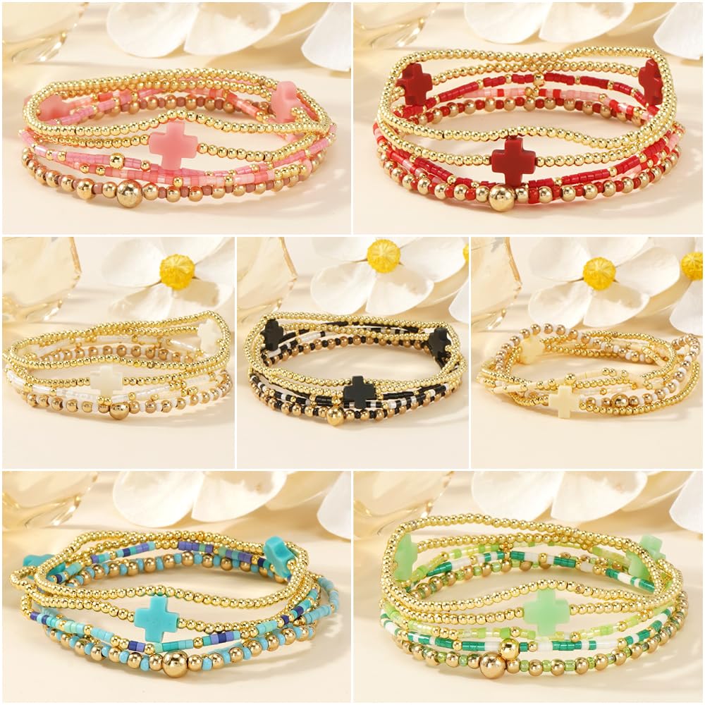 Bohxantium 14K Gold Plated Beaded Stretch Bracelets Stack Set for Women- Pink Stackable Elastic Waterproof Boho Style with Cross Bracelet - Colorful Seed Beads Jewelry Christian Faith Summer Gift