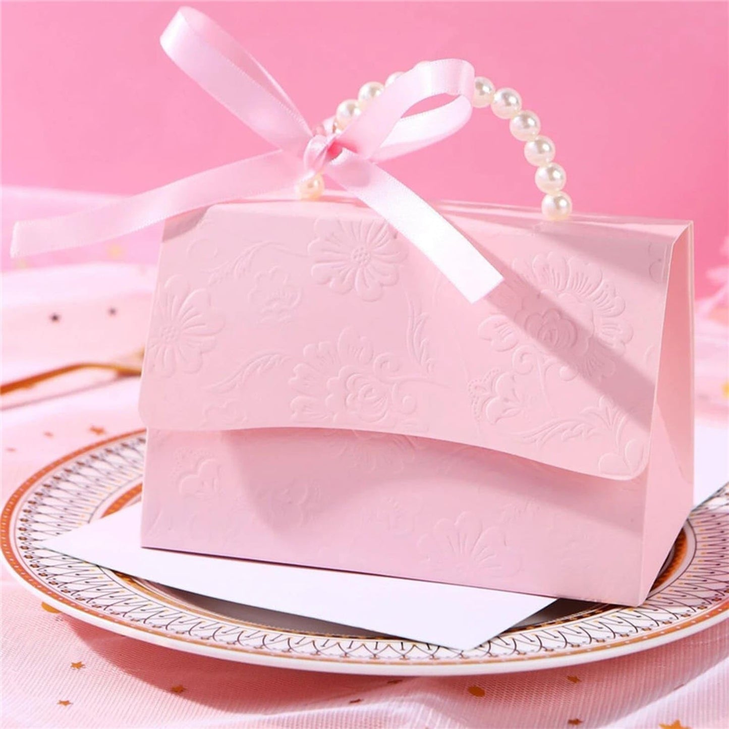 motoeye 10Pcs Pink Pearl Paper Gift Boxes for Wedding Favors, Elegant Bridesmaid and Party Favor Boxes with Ribbon, Ideal for Bridal Shower, Baby Shower, and Special Occasions (Pink, L)