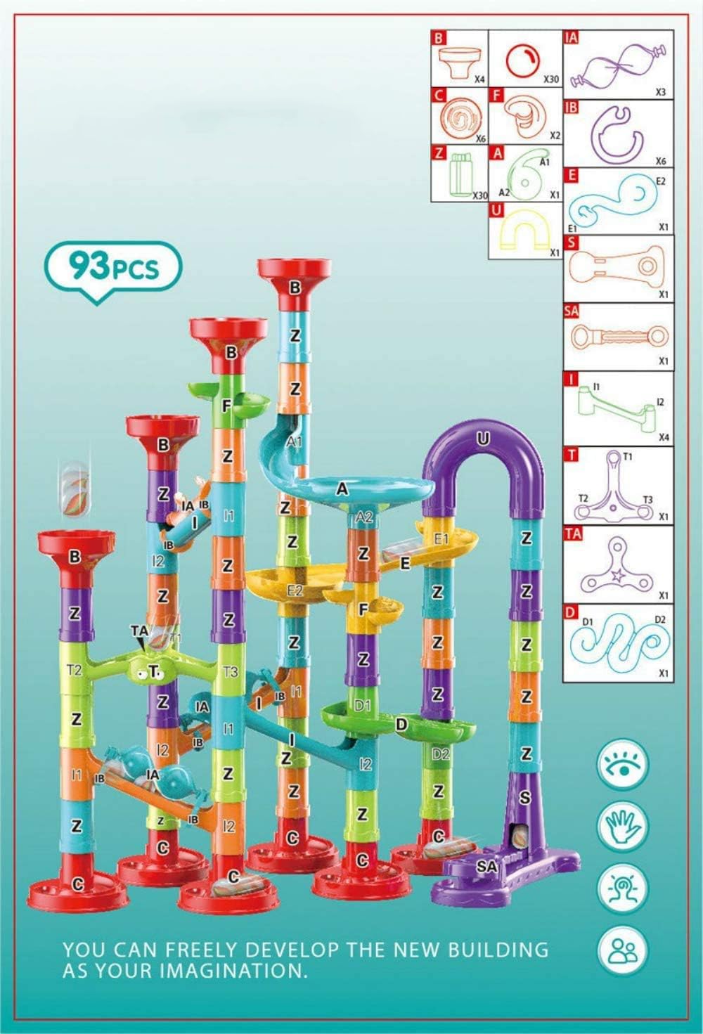 93Pcs Marble Run Set with 30 Glass Marbles Runs for Kids Girls Boys Toys Stem Maze Educational Race Game Birthday Gifts (LargeA)