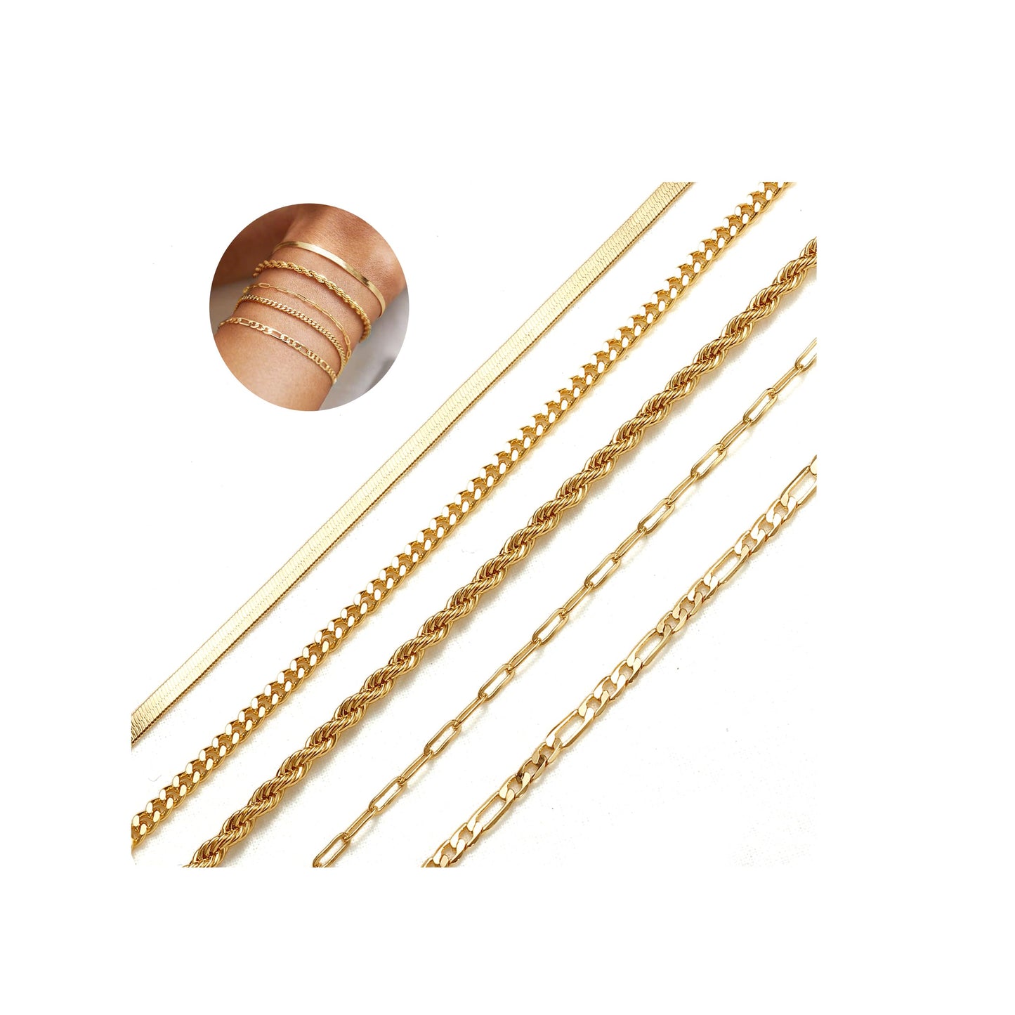 Krfy 5Pcs Gold Plated Bracelets for Women Trendy, Bracelet Stack Non Tarnish Waterproof Bracelets for Women Fashion Accessories with Paperclip Herringbone Figaro Cuban Twist Chains