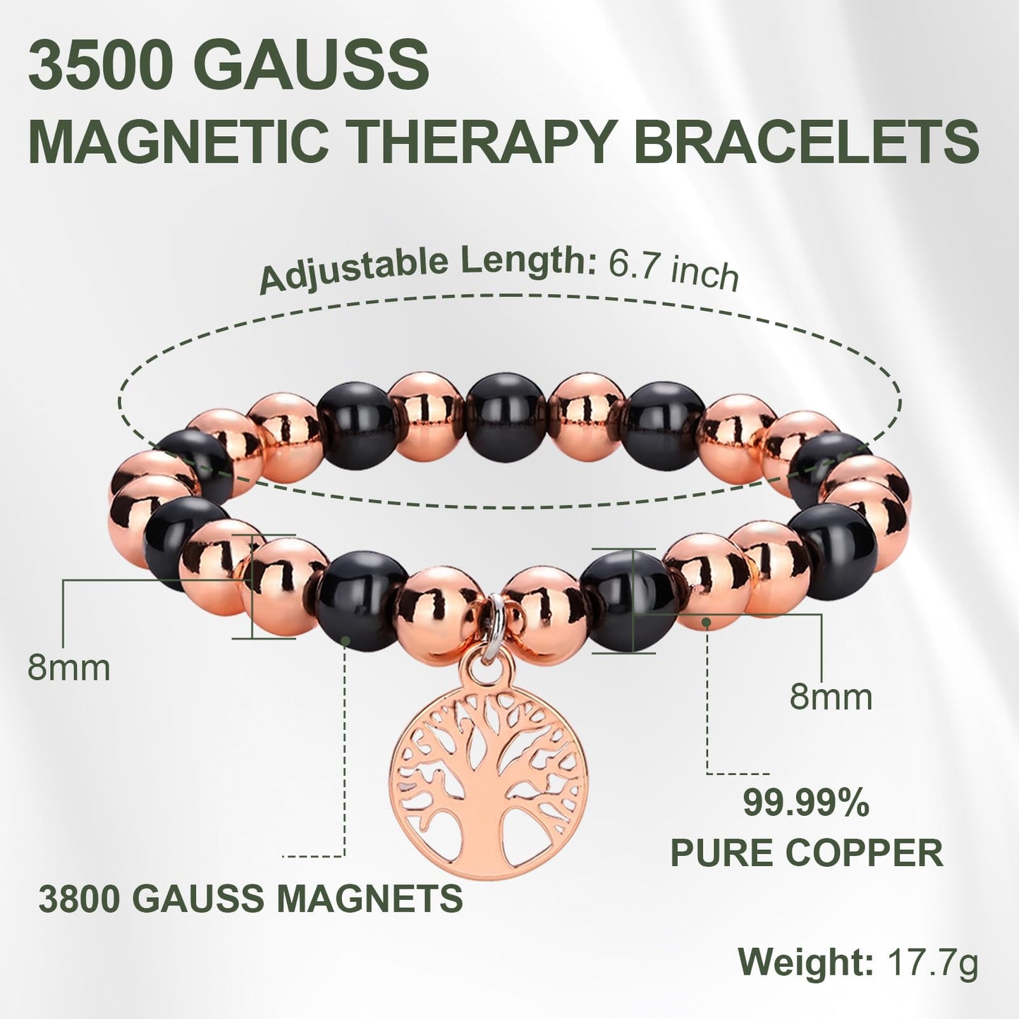 Fashtour Copper Beads Bracelet for Women and Men, Adjustable 99.99% Pure Copper Beads with 8mm Hematite Stones, Magnetic Beaded Jewelry Gift with Tree of Life Charm (8mm)