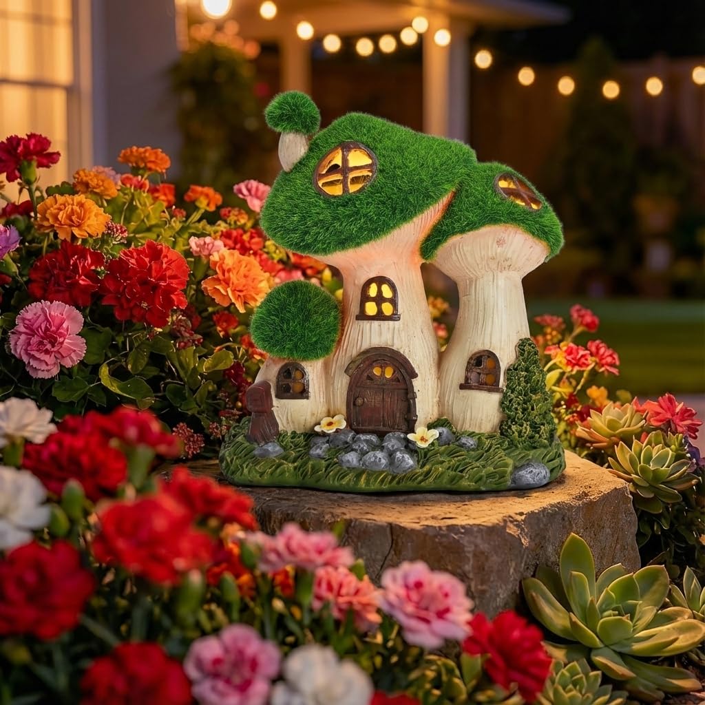 TERESA'S COLLECTIONS Garden Decor, Mushroom Fairy Garden House,Fairy House Decor, Waterproof Resin with Solar Lights, Garden Decor, Garden Gifts for Mom,Indoor/Outdoor, 7"