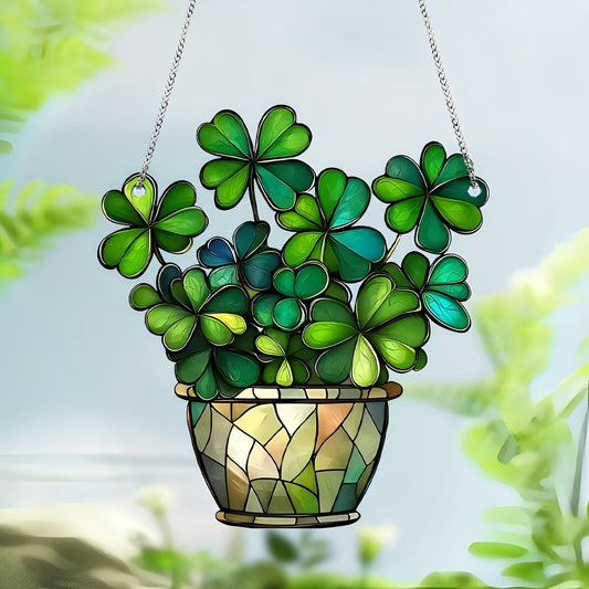 1PC Shamrock in Pot Acrylic Suncatcher Hanging, 7.08 inch Window Decor with Printed Stained Glass Style Design, Rainbow Maker Wall Art, Gift Idea & Garden Ornament Indoor Outdoor Use/ZW-02