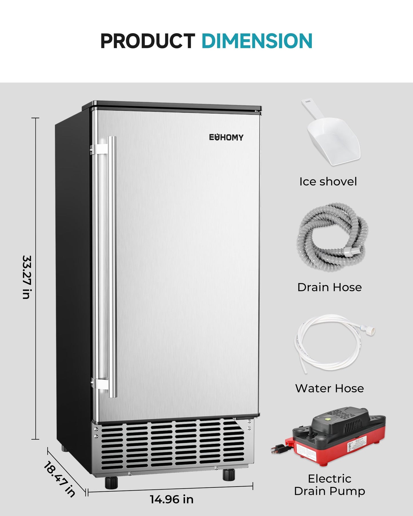 EUHOMY Under Counter Ice Maker with Drain Pump, 90 lbs/Day Ice Machine, Auto-Cleaning & 24H Timer, Stainless Steel Commercial Ice Maker with 24 lbs Storage for Home/Bar/Cafe/Restaurant