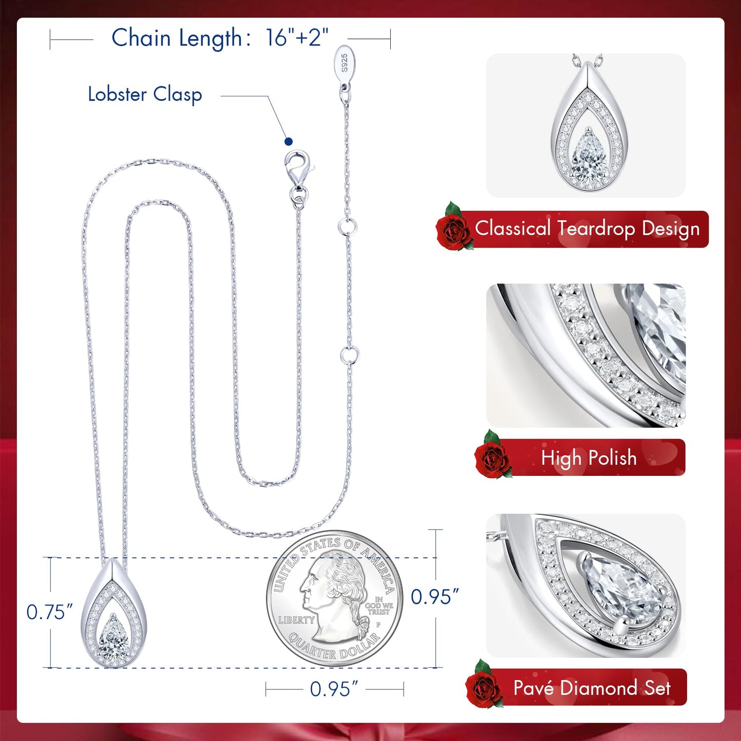 Kstyle 925 Sterling Silver Diamond April Birthstone Pendant Necklace Teardrop Jewelry Valentine's Day Anniversary Birthday Gift for Wife Girlfriend Mom Sister Non Tarnish