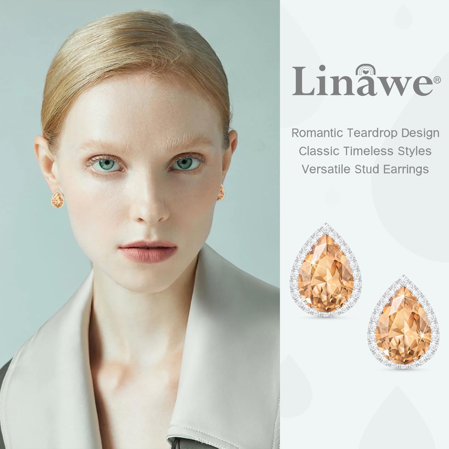 Linawe Silver Color Champagne Orange Rhinestone Stud Earrings for Women Trendy, CZ Cubic Zirconia Birthstone Tear Drop Gem Stone Earrings Stud, Pear Shaped Birthstone Fake Diamond Costume Jewelry
