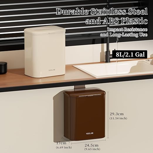 Space Saving Hanging Small Trash Can for Kitchen Cabinet, Bathroom or Office (Coffee, 2.1 Gallon (8L))