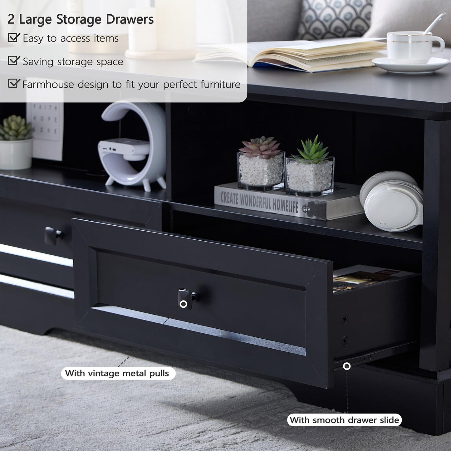 48" Farmhouse Coffee Table for Living Room, Wood Coffee Table with Storage, Rustic Rectangular Black Table Center Table with 2 Drawers for Office, Large Tabletop Dining Table for Home Living Room