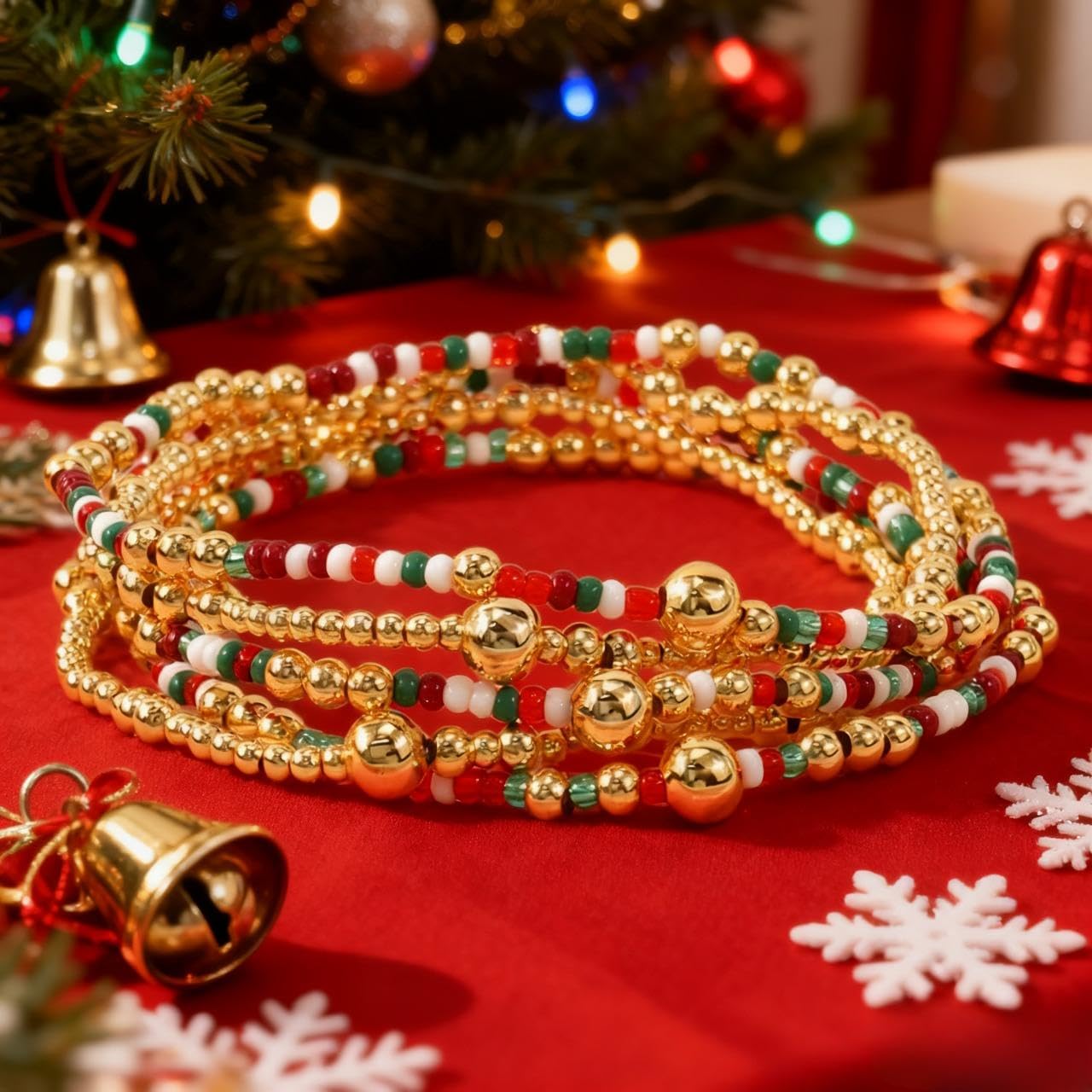 SHINUS BOHO Christmas Gold Beaded Bracelet Stack for Women,Bohemian Red Green White Beads Stackable Bracelets Set Fashion Holiday Party Jewelry Gift Friendship