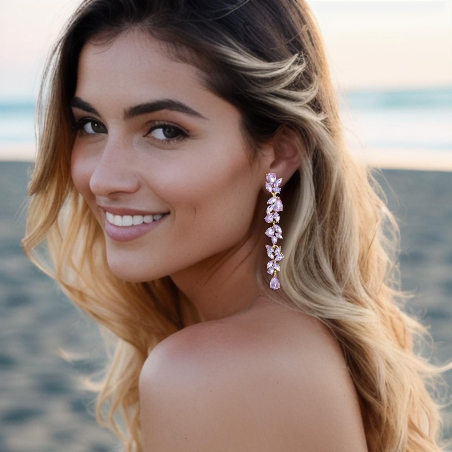 EVER FAITH Wedding Rhinestone Chandelier Dangle Earring for Women, Crystal Art Deco Bridal Teardrop Marquise Long Drop Earrings for Prom Light Purple Gold-Plated-Base
