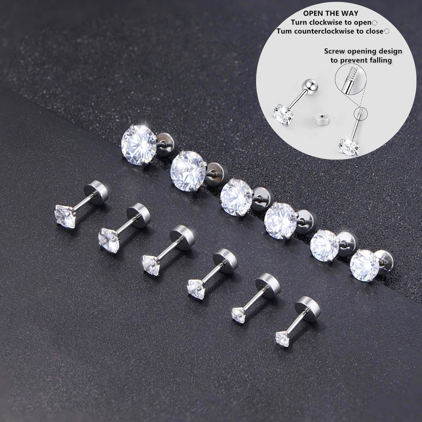 Silver Gold Black Stud Earrings Set 7Pairs Hypoallergenic Cubic Zirconia Titanium Stainless Steel Silver Rose Gold Black Cartilage Stud Hoop Earrings Jewelry Sets for Women Men, 2-8mm CZ Stud Earrings