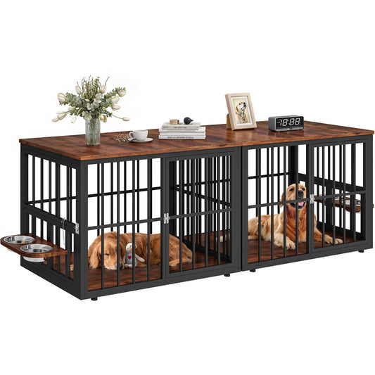 88.6" Large Dog Crate Furniture, Wooden Dog Kennel with Bowls & 3 Doors, Double Crate Furniture TV Stand for Medium Large Dogs, Brown
