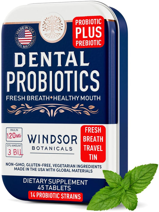 Dental Probiotics for Teeth and Gums - 3BN CFU Lactobacillus Salivarius Acidophilus Casei Tablets - Oral Probiotics for Mouth Bad Breath Treatment for Adults - 45 Chewable Dental Probiotic in a Tin