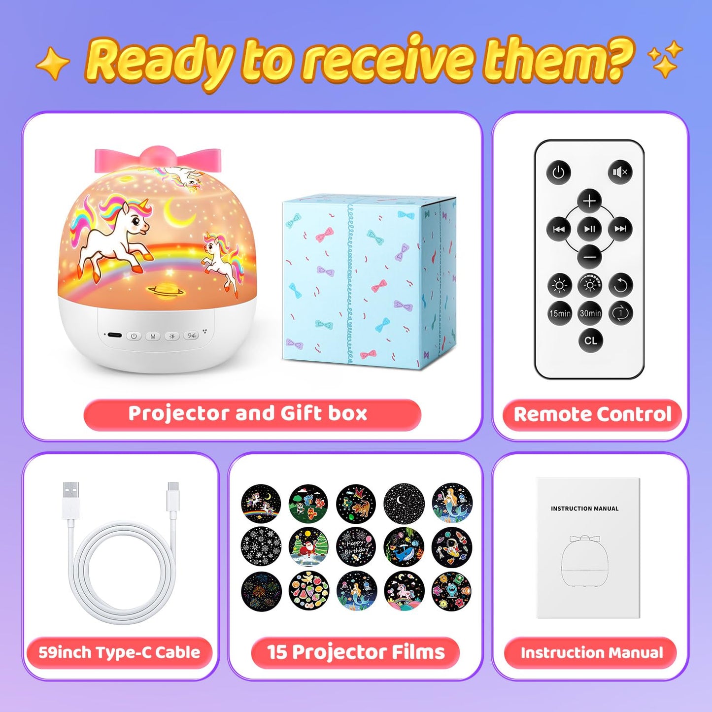 Pikoy Unicorn Toys for Girls Gifts, 15 Films+15 Lullaby Sound Machine for Kids Night Light Projector, Remote+Rechargeable Night Light for Kids Gifts, 360 °Rotation Princess Mermaid Toddler Girl Toys