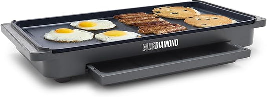 Blue Diamond 20” x 10.5” Extra Large Electric Griddle, Healthy Ceramic Nonstick Surface, Non-Toxic PFAS-Free, Temperature Control, Family Friendly, Removable Drip Tray, Easy Clean, Graphite