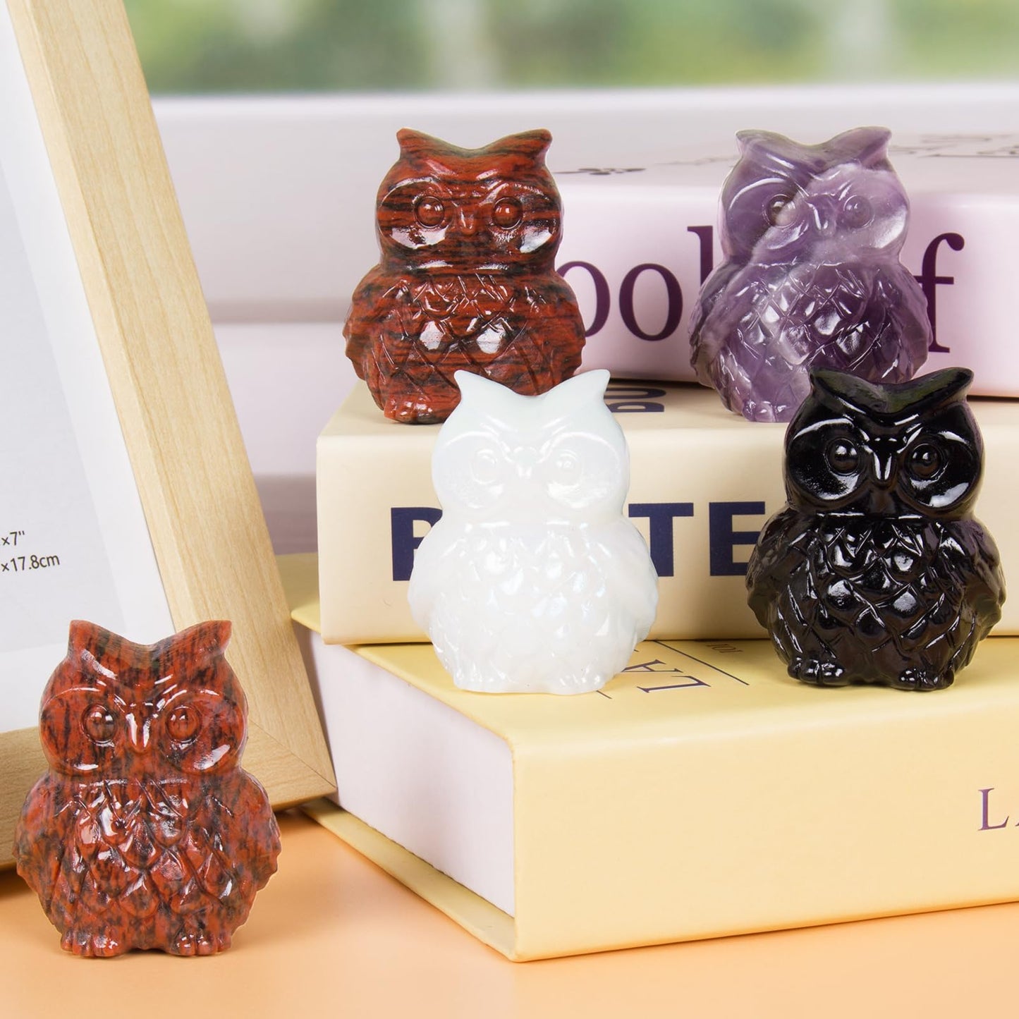 Ytbeoxk 1.9 Inch Red Sesame Stone Owl Statue, Healing Crystal Cute Decor Figurine, Hand-Carved Gemstone, Bedroom Office Spiritual Gift, Owl Gifts
