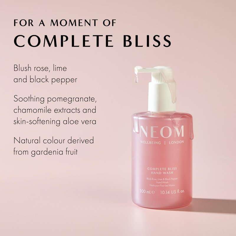 Neom Complete Bliss Hand Wash, 300ml | Blush Rose, Lime & Black Pepper I Natural colour derived from gardenia fruit I 100% Recyclable Bottle I Refillable