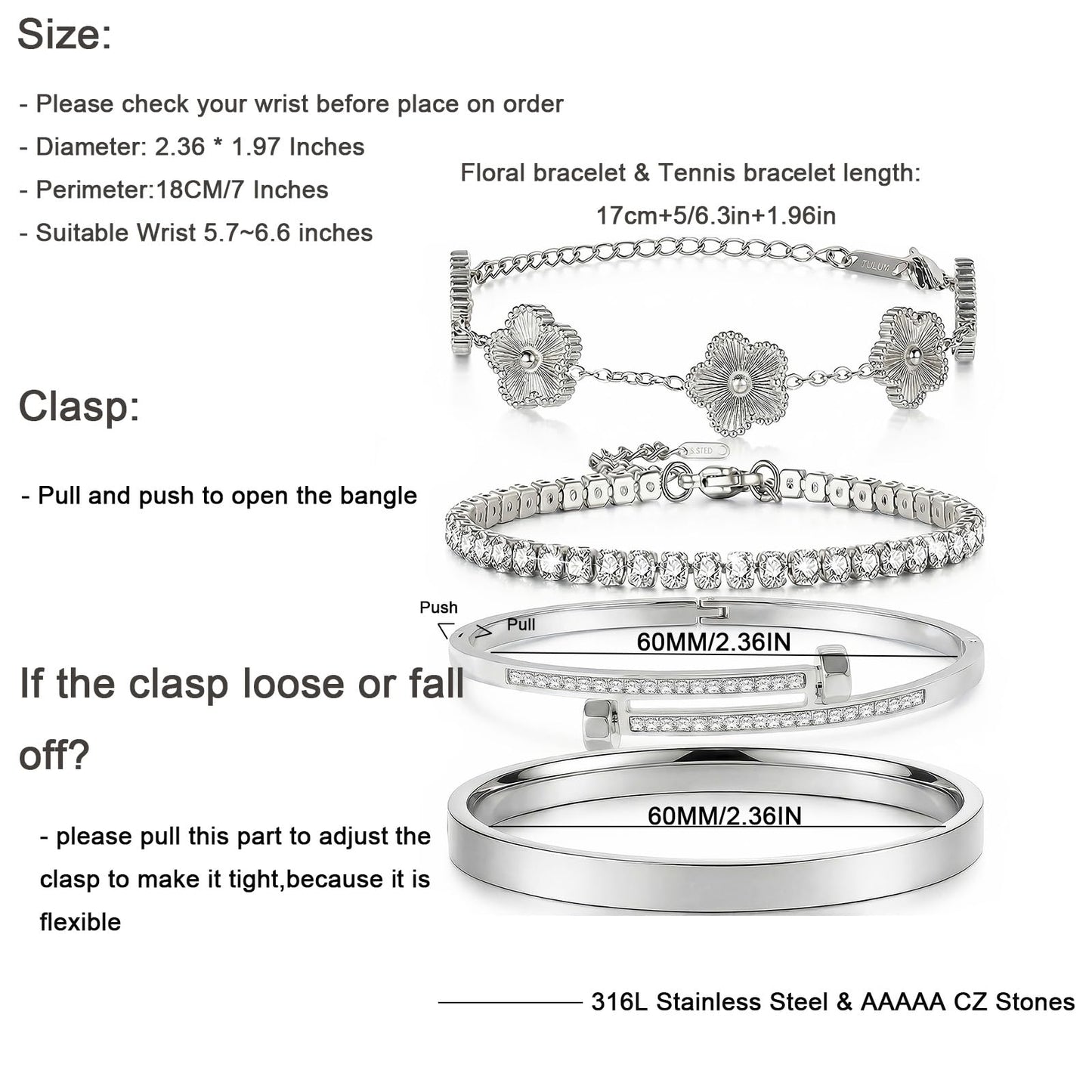 Camhanno Gold Bracelets for Women-4Pcs 18K Gold Plated Love Bangle Tennis Clover Nail Bracelets Stack Set for Women Trendy Non Tarnish Stainless Steel Gold Bangles Accessories Designer Jewelry (Silver Stack Bracelet -2)