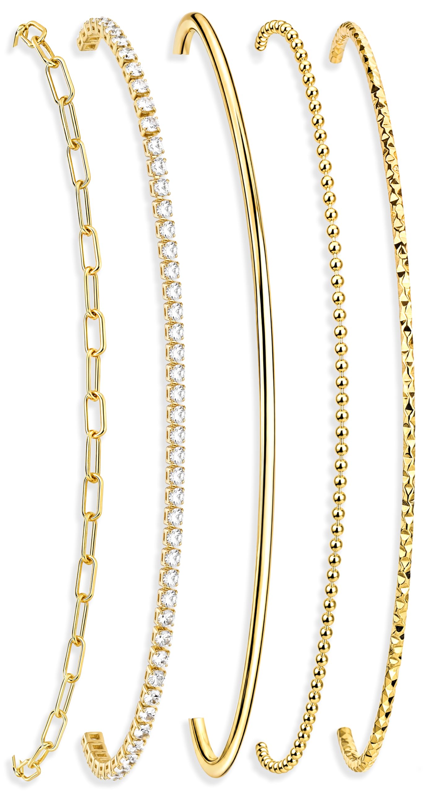 Gold Bracelets for Women 14K Gold Plated 5 Pcs Set - Dainty Stackable Waterproof Stainless Steel Jewelry - Minimalist Paperclip Beaded Tennis Bangle Bracelet Set for Women Gifts