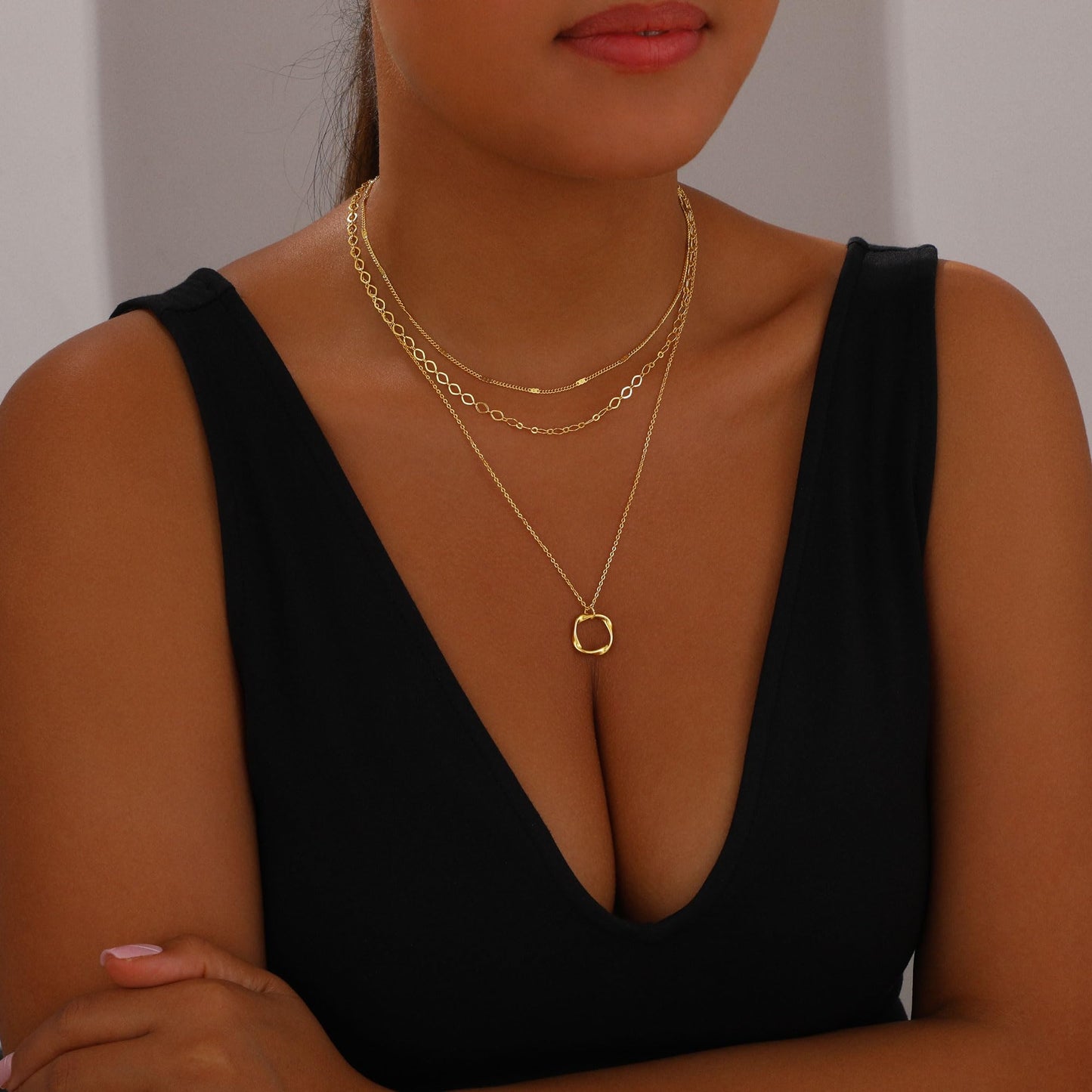 Layered Gold Necklaces for Women Stackable Dainty 14K Gold Plated Silver Chain Necklace Layering Cute Fashion Pendant Choker Necklaces Trendy Jewelry Set Gifts for Women (Oval paper clip flat strip square, golden)